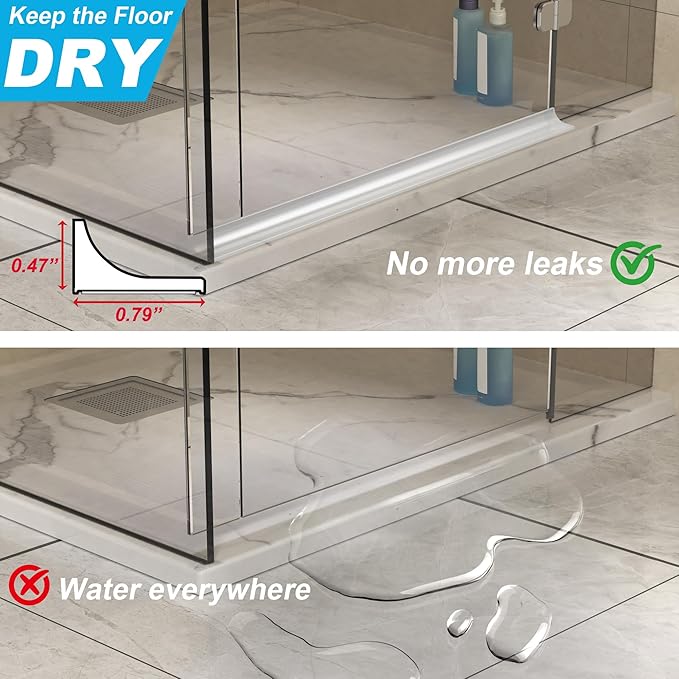 98Inch Shower Threshold Water Dam, Self-Adhesive Silicone Shower Barrier Water Stopper Shower Door Bottom Seal Strip Shower Splash Guard for Bathroom Kitchen Bathtub