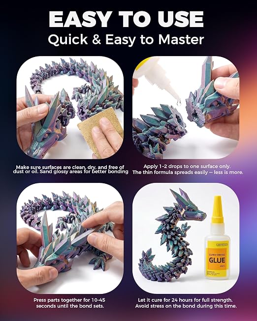 Super Glue for Plastic, PLA, ABS, PETG, PC, ASA, Acrylic, PVC, Dries Clear Liquid CA Adhesive for 3D Prints, Model Kits, RC Parts & Repairs, 40ml