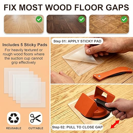 Heavy Duty Floor Gap Fixer Tool with Enhanced Suction Cup - 45° Dual-Sided Striking Surface Floor Gap Repair Tool - Complete Kit with 5 Sticky Pads & Cleaner for Laminate, Vinyl, LVP & Hardwood Floors