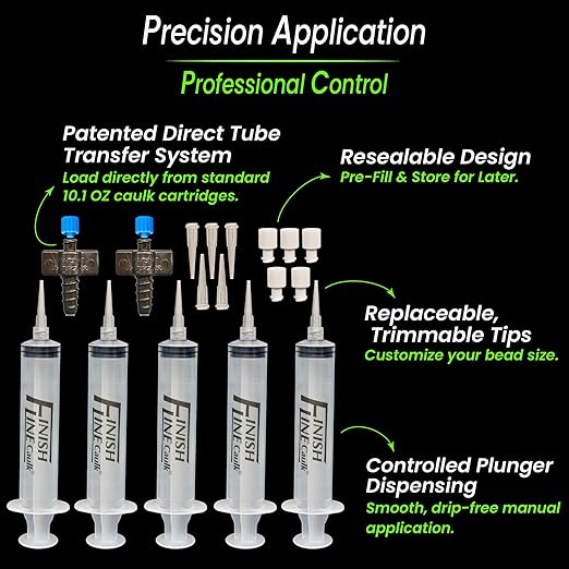 Precision Caulking Tool Kit with Storage Box & Finger Cots – Refillable Caulking Syringe Applicator with Micro-Fine Replaceable Tips for Baseboards, Trim & Small Crack Sealing