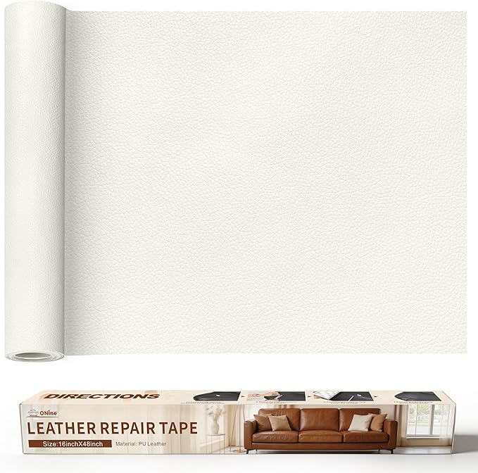 ONine Leather Repair Patch，Leather Repair Tape, 16 x 48 inches Leather Repair Patch for Furniture,Vinyl Repair kit，Leather Couch Patch，for Sofas, Furniture, car Seats(White-Litchi Grain)