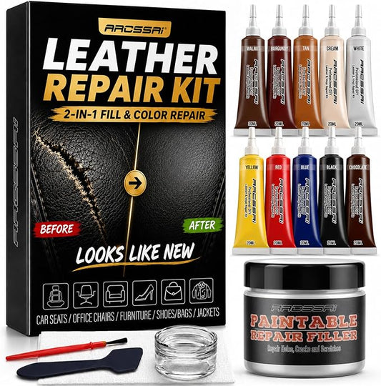 ARCSSAI Leather Repair Kit for Furniture, Sofa, Jacket, Car Seats and Purse. Leather Filler Super Easy Instructions to Match Any Color, Restore Any Material, Bonded, Italian, Pleather, Genuine