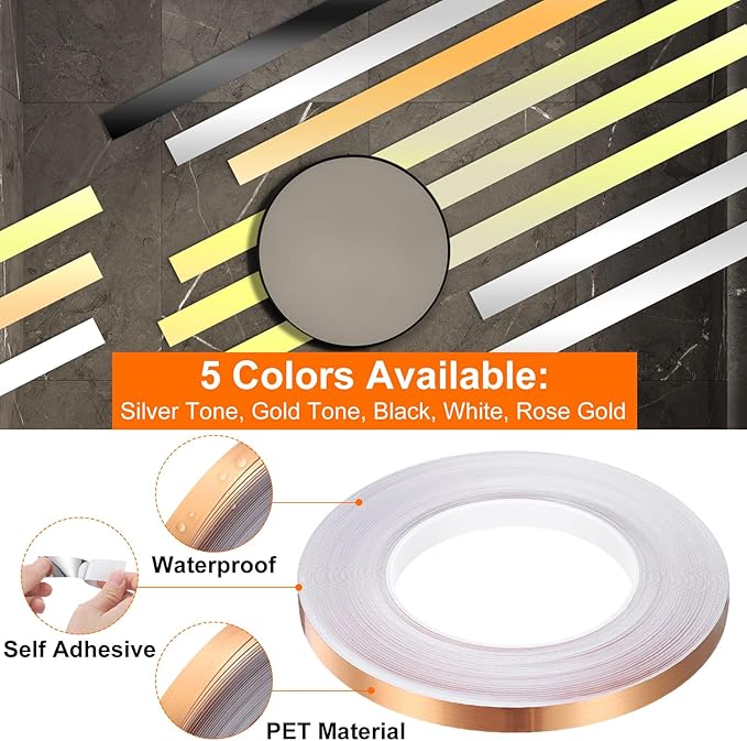 HARFINGTON 2Pcs Floor Tiles Rose Gold Foil Lines Metallic Mirror Tape 0.39" x164 Ft Self Adhesive Decor Floor Wall Seam Sticker Waterproof Gap Sealing Tape for Kitchen Bathroom Cabinet