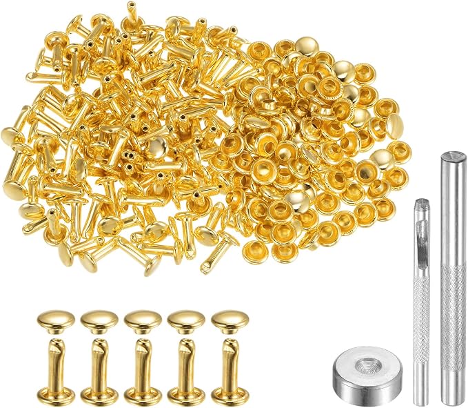 HARFINGTON 100 Sets Leather Rivets 10 x 6mm Metal Double Cap Rivet Snaps Studs Fasteners with 3pcs Setting Tools Rivets for Leather Craft DIY Repair Decoration, Gold Tone