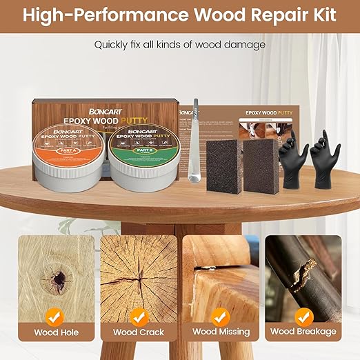 Boncart Epoxy Wood Putty, High Strength Filler Putty, Stainable 2-Part Epoxy Filler, 21.16 oz Structural Wood Repair Kit, Wooden Furniture Repair Kit for Damages (Black)