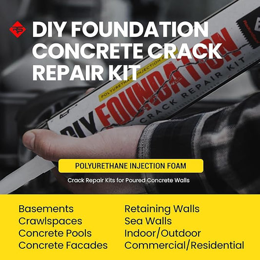 RadonSeal Complete DIY Foundation Crack Repair Kit - 10 Ft - Low-Viscosity Urethane Injection Sealant for Crawl Spaces & Concrete Basement Walls, Stops Water Leaks, Drill-Free Filler
