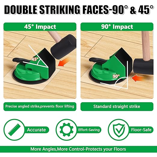 Floor Gap Fixer Tool 45°&90°Striking Surfaces Floor Gap Repair Tool Made of Iron & Enhanced Suction Cup with Slot Cutter and 5pcs Sticky Pads for Fixer Laminate/Vinyl Flooring Tools (Green)