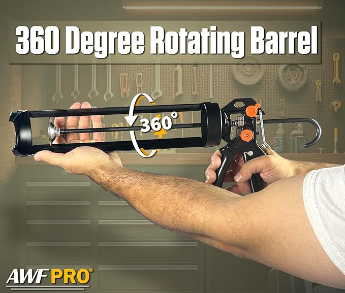 AWF PRO 29 oz Dual Thrust Caulk Gun, 25:1 or 12:1 Thrust Ratio, No Drip, Rotating Barrel, Comfort Grip, with Built-In Puncture Tool