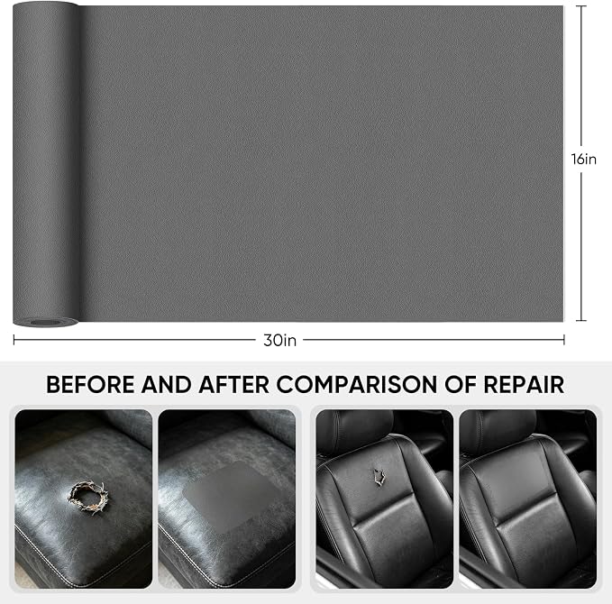 Leather Repair Tape,16 x 30 Inches Self Adhesive Leather Repair Patch，Leather Repair Kit for Furniture，Couches,Car Seats,Cabinets,Handbags(Fine-Grain Dark Gray)