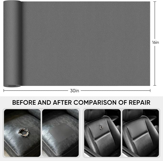 Leather Repair Tape,16 x 30 Inches Self Adhesive Leather Repair Patch，Leather Repair Kit for Furniture，Couches,Car Seats,Cabinets,Handbags(Fine-Grain Dark Gray)