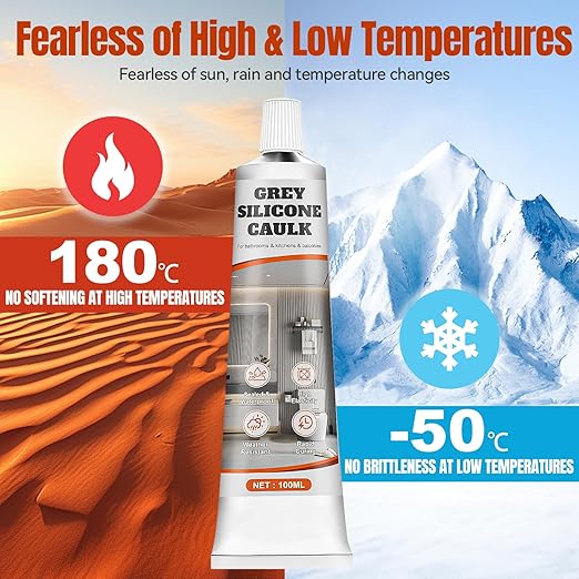 Gray Caulk, No Shrinkage or Cracking, Waterproof Gray Silicone Caulk for Bathroom, Kitchen, Shower, Bathtub, Toilet, Sink, Window and Door, with Masking Tape, 100ml