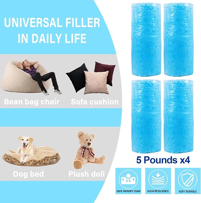 DR.DUDU 20 lbs Bean Bag Filler Foam, Shredded Gel Memory Foam Filling, Premium Soft and Comfortable Pillow Stuffing Foam for Couch Cushion Dog Bed Chair Arts Crafts Stuffed Animal