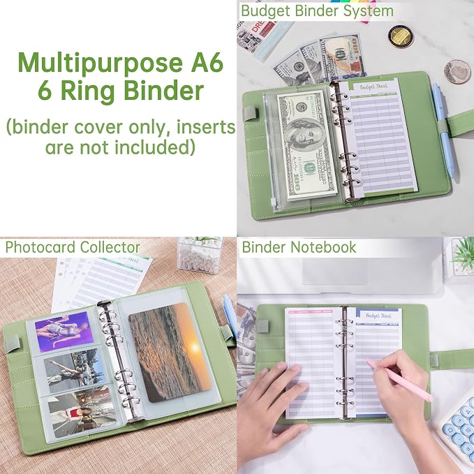 Antner A6 Notebook Binder Refillable 6 Ring Budget Binder Cover for A6 Refill Paper, PU Leather Budget Planner Organizer with Magnetic Buckle, Loose Leaf Personal Planner, Matcha Green