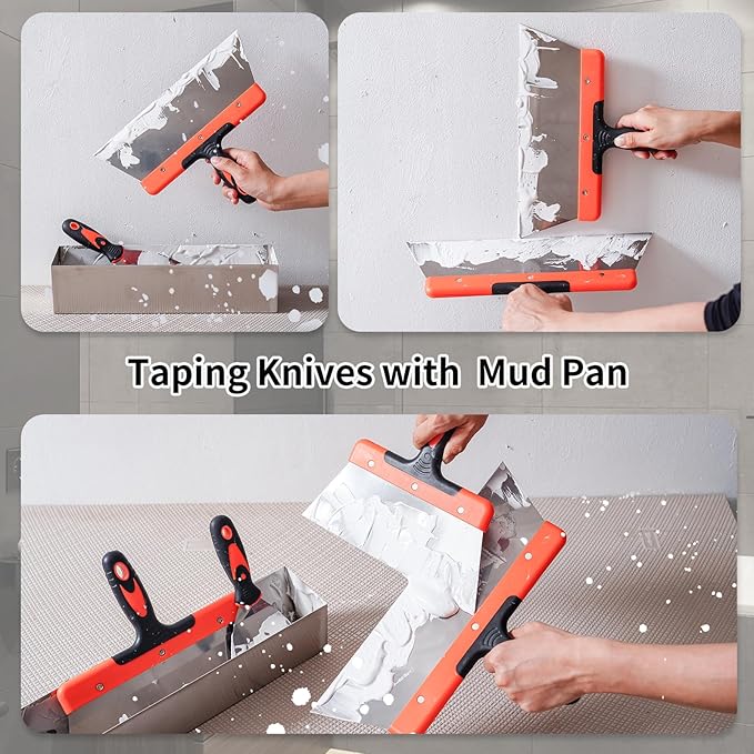 Drywall Knife Set, 10Pcs Drywall Tools Includes Stainless Steel Putty Set, Taping knife, Painter Scraper Tool & 14" Mud Pan Perfect for Joint Taping, Finishing and Patching