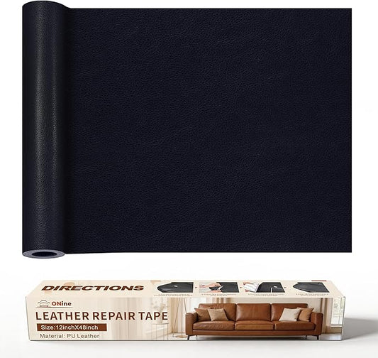 ONine Leather Repair Patch，Leather Repair Tape, 12 x 48 inches Leather Repair Patch for Furniture,Vinyl Repair Kit，Leather Couch Patch，for Sofas, Furniture, Car Seats, Office Chairs(Dark Blue Leather)