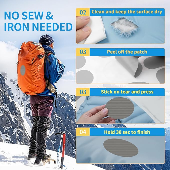 Waterproof Self-Adhesive Nylon Patches for Tent Repair Kit, 24pcs Outdoor Gear Tenacious Repair Tape, Fabric Patches for Clothes, Down Puffer Jacket, Tent, Sleeping Bag, Backpack, Light Gray