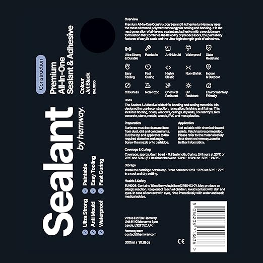 Jet Black Construction Sealant & Adhesive All-in-One Hybrid Polymer | Superior to Silicone Bathroom Caulk Sealant | Waterproof, Odorless, Paintable Caulk | Kitchen Bathroom Outdoor 300 ml 1 Pack