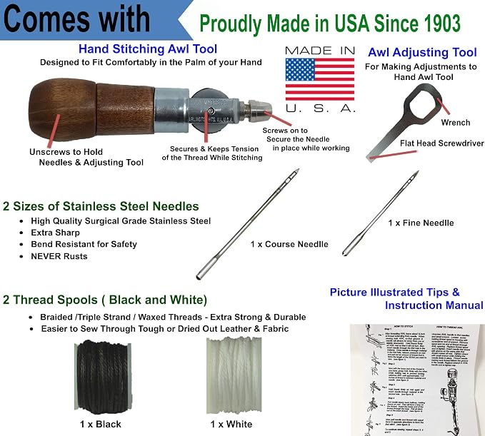 Repair Stitch Tool | Sewing Awl for Bounce Houses, Inflatables, Leather, Thick Fabric, Shoes, Bags, Belt, Upholstery Repair Kit & Crafts Leather, Tarp Stitching – Made in USA. Professional Heavy Duty