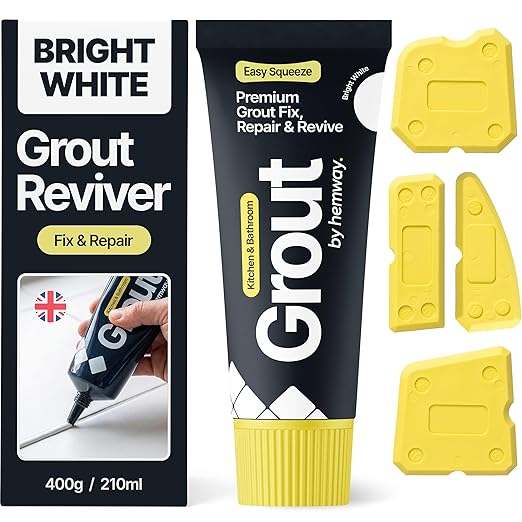 Hemway Bright White Grout Reviver Kit | Ready Mixed Grout Repair 400g / 210ml with 4 Piece Profiling Tool Kit | Wall & Floor Tile Adhesive, Kitchen Bathroom Shower, Fast Drying
