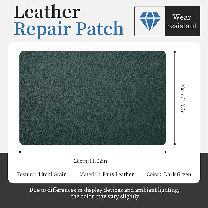 Fadoub Leather Repair Patch Tape Self-Adhesive, 8x11In Heavy Duty Vinyl Patch, Leather Repair Kit for Furniture, Sofa, Couch, Office Chair, Car Seat, Car Interior(Dark Green)