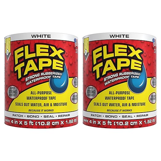 Flex Tape, Original Thick Flexible Rubberized Waterproof Tape - Seal and Patch Leaks, Works Underwater, Indoor Outdoor - Home RV Roof Plumbing and Pool Repairs, White, 4 in x 5 ft, Pack of 2