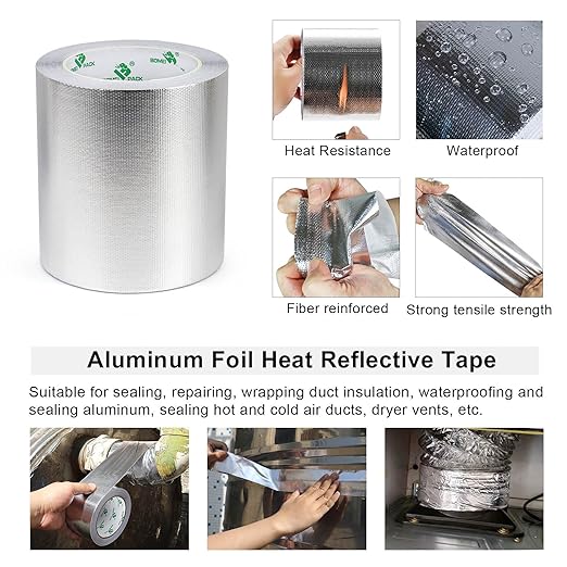 BOMEI PACK Adhesive Aluminum Foil Heat Shield Tape 1 Pack 5 inch x 66ft, Barrier Fiberglass Thermal Insulation Reflective Material High Temp Protectionn