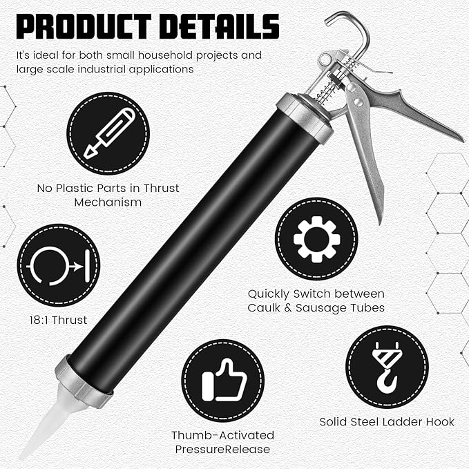 Lasnten 2 Pack Sausage Caulk Gun 20 oz Aluminum Cordless Sausage Caulking Gun with 4 Cone Nozzles, 18: 1 Thrust, Aluminum Sealant Hand Caulk Kit for Contractors (Black)