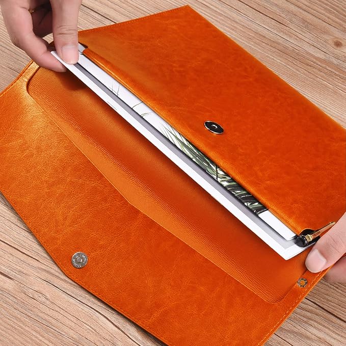 PU Leather A4 File Folder Document Holder Envelope Folder Case with Snap Closure for Receipt Contract Orange