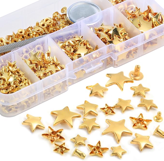 YORANYO 200 Set Mixed Size Leather Rivets Kit for Star Studs, Clothing, Fabric, Gold Color, Crafting, Repair & Decorate Jackets, Shoes, Bags, Belts, Purse