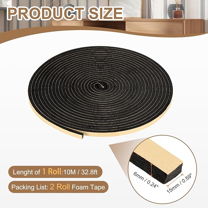 PATIKIL Foam Insulation Tape, 2Pcs 5/8" W x 1/4" t x 32.8FT Self Adhesive Weather Stripping Door Seal Strip for Door Window Air Conditioning, Black
