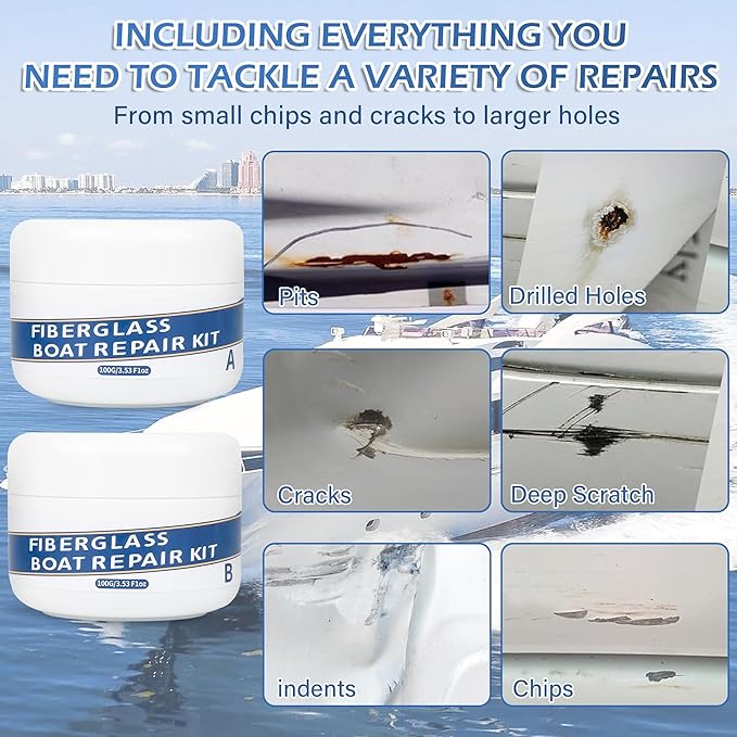 Marine Fiberglass Repair Kit for Boats, 200g/7.06oz Gel Coat Kepair kit for Boats, Epoxy Filler for Repairs Cracks, Scratches, Debris, Holes, Gaps, Suitable for Fiberglass, Acrylic, Porcelain