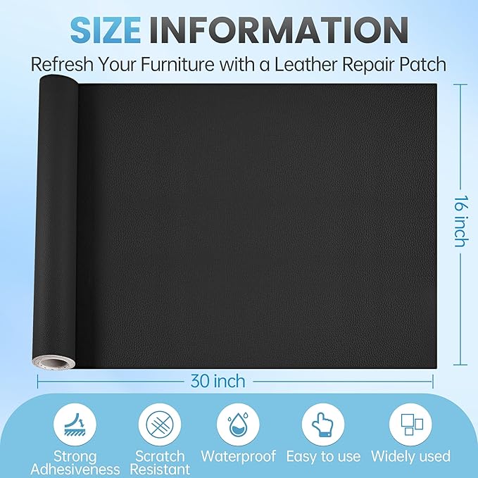 Leather Repair Patch Tape Kit, 16" x 30" Self Adhesive Leather Repair Patch for Furniture, Vinyl Leather Repair Kit for Car Seat, Chairs, Couch, Sofa, Boat Black