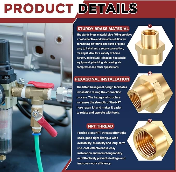 Pack of 2, 1/4" FeMale NPT to 1/4" FeMale NPT Solid Brass Pipe Fitting Coupler, Brass Coupling Hose Fittings Adapter for Pipe Leak Repair, Bathroom Remodeling, Tool Extensions