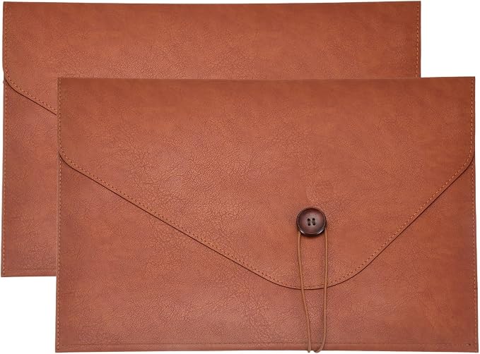 PATIKIL 2Pcs Leather Folder, 14x10 Leather Document Holder File Folder PU Pouch Bag Portfolio File Organizer Button Personal Envelope Waterproof for Traveling Office Men Gift, Brown