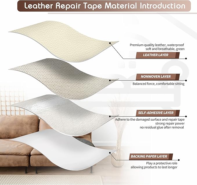 KING MOUNTAIN Leather Repair Patch,2 Packs 9 x 11 Inches self Adhesive Leather Repair Tape for Damaged Leather Furniture, Sofa Seating,Car Seats, Leather Goods(Beige White)