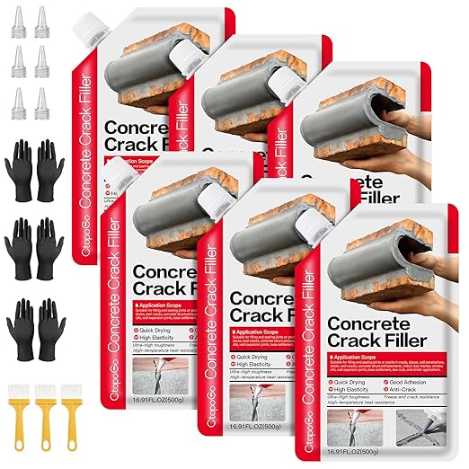 Concrete Crack Filler 6-Pack 6.6LB Grey, Self-Leveling High Elasticity Cement Sealant, Waterproof Repair Caulk for Driveway, Patio, Sidewalk, Garage, Basement– Professional-Grade Durability