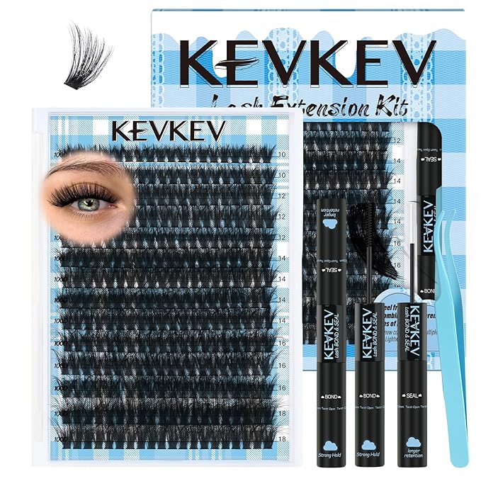 KEVKEV Lash Extension Kit 280pcs Volume Lash Clusters 100D Lash Clusters Kit 10-18mm Individual Lashes Kit With Lash Bond And Seal,Lash Tweezers Thick Lash Extension Kit DIY At Home(0.05D,100DD)