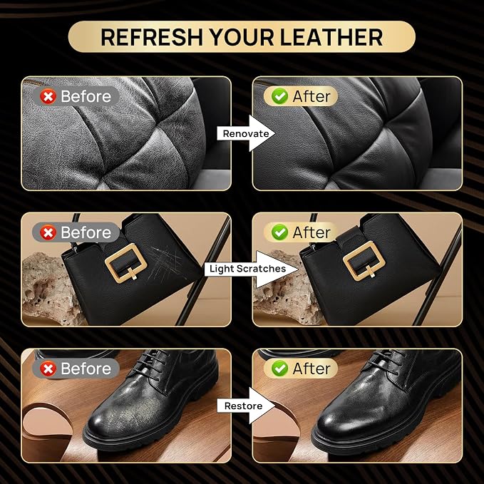 Leather Recoloring Balm with Leather Sealer, 10.58oz Leather Color Restorer, Leather Repair Kit for Vinyl Furniture Shoes Car Seats Bags, Black Leather Dye Paint Leather Scratch Repair (Black Color)
