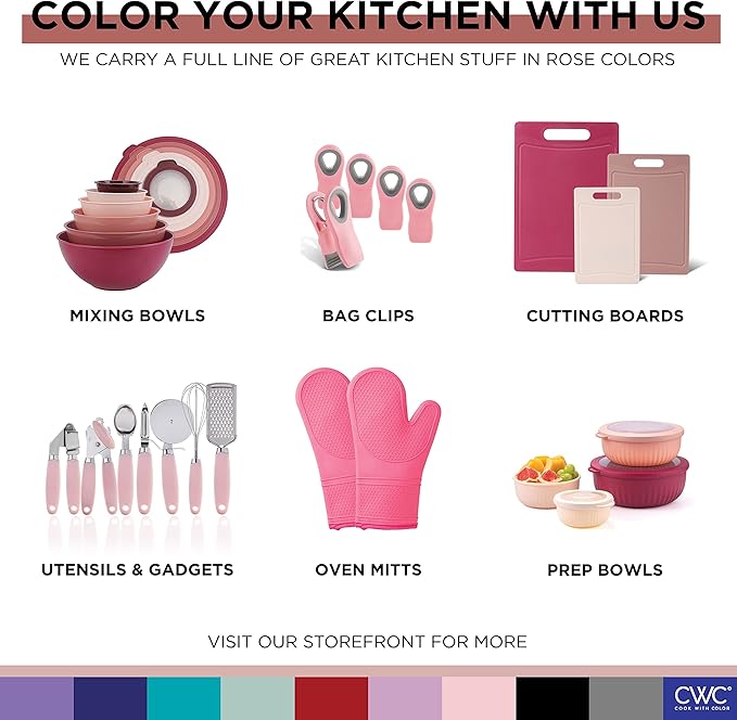 COOK WITH COLOR Mixing Bowls with Lids - 12 Piece Plastic Nesting Bowls Set includes 6 Prep Bowls and 6 Lids, Microwave Safe Mixing Bowl Set, Rose Rhombus