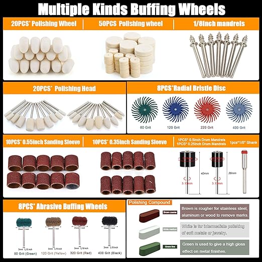 140 PCS Polishing Kit Compatible with Dremel Tools, Buffing Wheels Polishing Bits for Rotary Tool Accessories, 1/8 in Shank, 3Pcs Polishing Compound, Small Sanding Kit for Metal, Resin, Wood, Jewelry