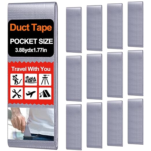 12 Pack 1.77 in x 10 ft Travel Duct Tape Mini Pocket Size Flat Roll Flexible Heavy Duty Waterproof Tear by Hand for Repair Outdoor Emergency Gear EDC DIY Craft Camping Hiking (Silver)