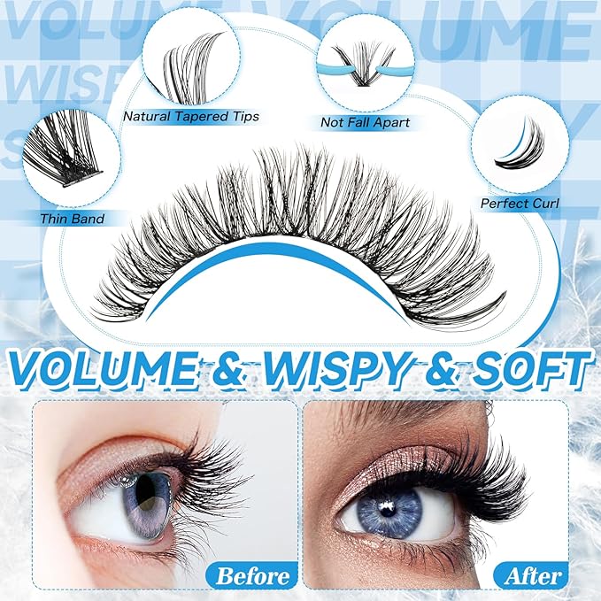 KEVKEV Lash Clusters Volume Eyelash Clusters 9-16mm Thick Individual Lashes 280pcs D Curly Cluster Eyelash Extensions Soft DIY Lash Extension At Home(0.07D，40D+50D)