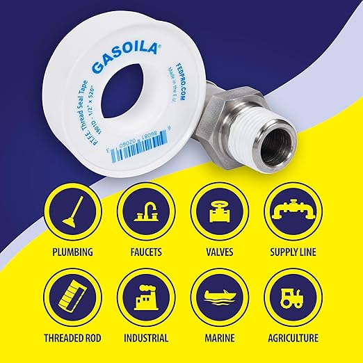 Gasoila PTFE Thread Seal Tape – Professional-Grade, 1/2 Inch x 520 Inch, Low-Density Thread Tape for Plumbing and Water Pipes – Leak-Proof Seal, Non-Toxic
