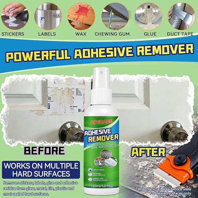 Adhesive Remover Spray Kit, 4 fl oz Sticker Remover for Labels, Glue, Residue, Tape, Decals, Fast Acting Glue Remover Includes Scraper and 10 Extra Plastic Razor Blades for Home, Car, Glass, Metal
