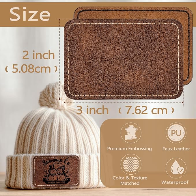 100 Pack Blank Leatherette Patches with Adhesive, Rectangle Laser Engravable Faux Leather Patch for Hats Custom, Fabric Repair Sew, Engraving Materials, Gifts, DIY (Brown+Khaki, 3 x 2 in)