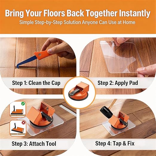 Floor Gap Fixer Tool Kit – 45° Laminate Floor Gap Repair Tool with Strong Suction Cup & Adhesive Pads, Heavy Duty Plank Puller for Vinyl, LVP & Wood Floors