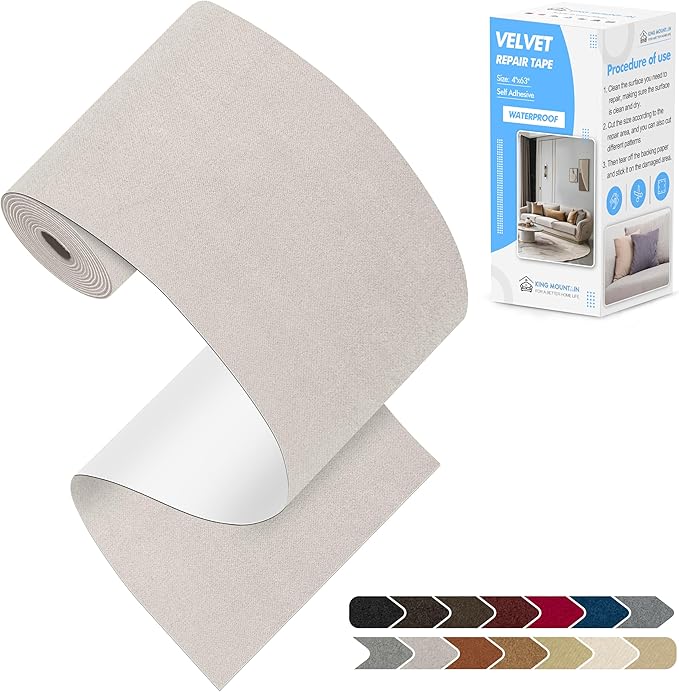 KING MOUNTAIN Couch Fabric Repair Patch, Fabric Patches for Furniture, 4" x 63" Waterproof Velvet Repair Tape for Sofas, Car Seats, Furniture, Upholstery Fabrics and Velvet Goods. （Light Gray）