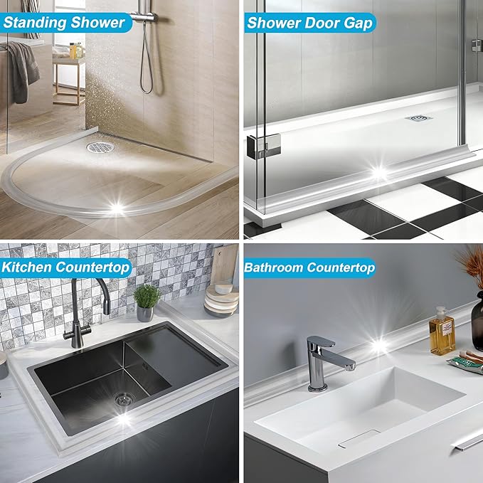 67Inch Shower Threshold Water Dam, Self-Adhesive Silicone Shower Barrier Water Stopper Shower Door Bottom Seal Strip Shower Splash Guard for Bathroom Kitchen Bathtub