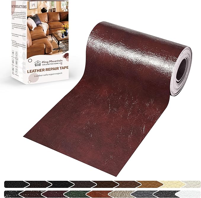 KING MOUNTAIN Leather Repair Patch,4 x 63 Inches self Adhesive Leather Repair Tape for Damaged Leather Furniture, Sofa Seating,Car Seats, Leather Goods（Red Brown）