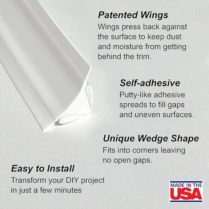 InstaTrim Peel & Stick Flexible Caulk Tape & Trim, Easy to use, self-Adhesive, Caulk sealant for Floors, Doors, Windows, counters, tubs and More - Made in USA, 3/4 inch x 10 feet, White